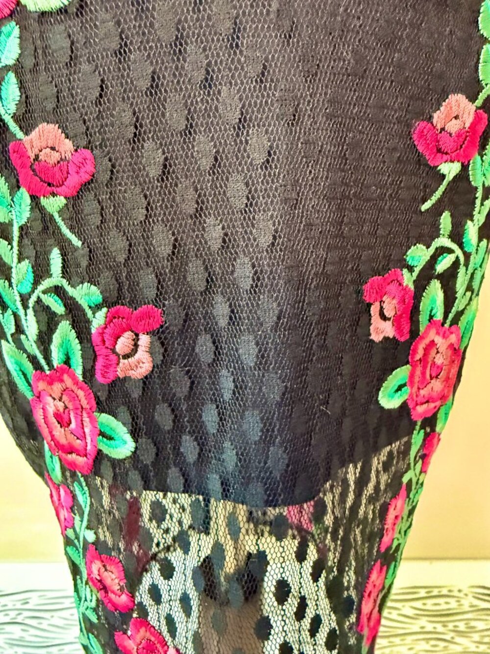 Bebe Midi Black Lace w/ Floral Pink Roses, Stretch, Bodycon, Spaghetti Straps, 2 - Picture 4 of 11